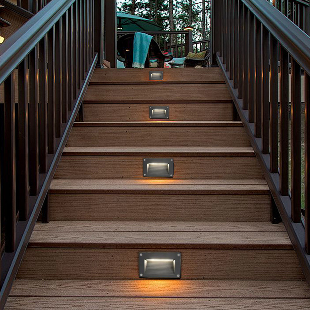Industrial Rectangular Deck Step Light – Black/Grey Metal & Glass for Outdoor Stairs